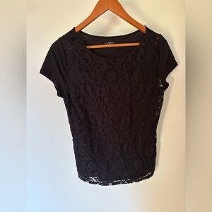 LOFT Dark Black Lace Floral Blouse T Shirt Womens Size L Shirt